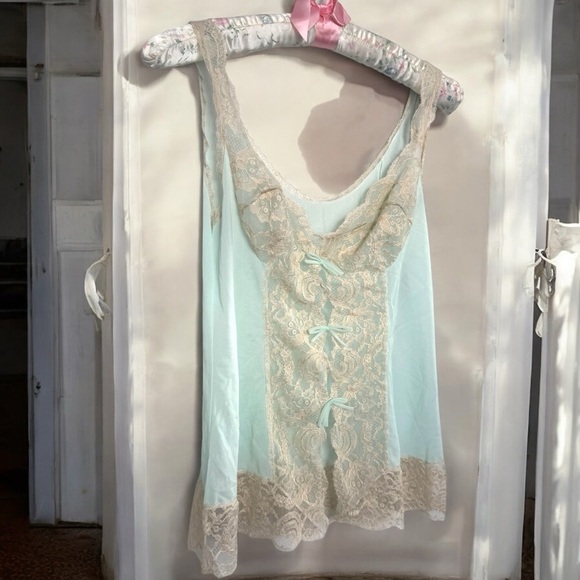 Vintage baby blue and cream Lace Trim cami sheer fairy core coquette lace up 34 - Picture 1 of 10